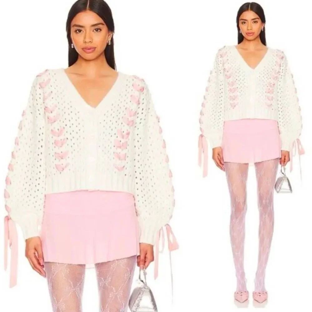 For Love And Lemons Women's Laurel Cardigan White Pink Ribbons Sz XXS $229 NWOT